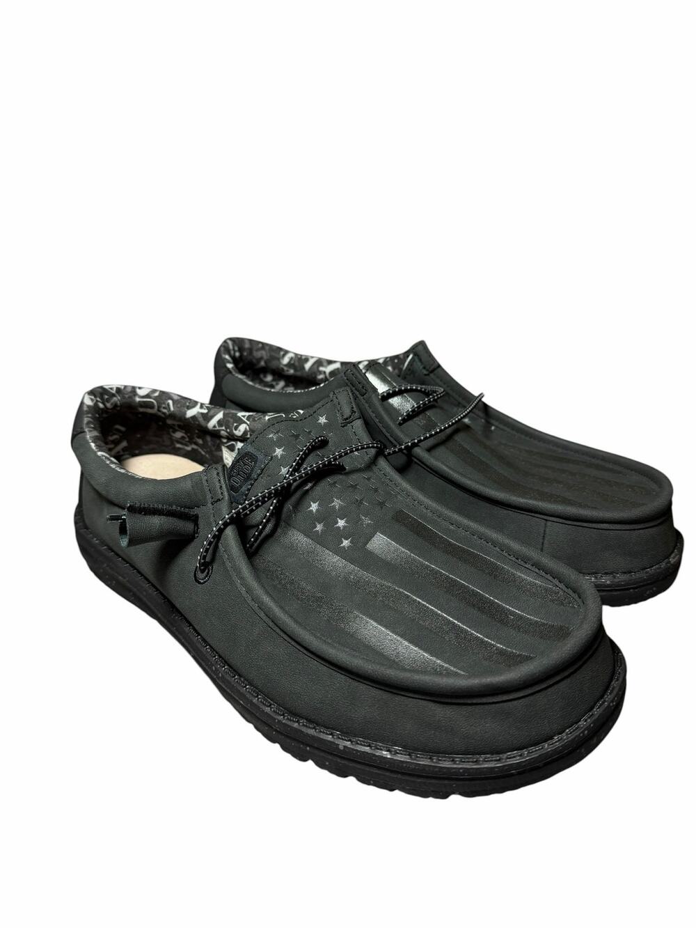 Hey Dude Wally Embossed Flag Shoes Men’s Size 9 Black NWOB Lightweight